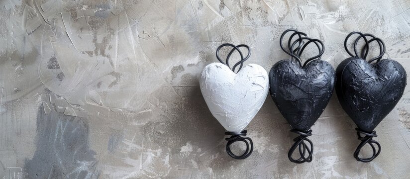 Valentine s card featuring three plaster hearts on a light grey backdrop with shadows including a unique black heart with twisted wire in a holiday themed copy space image