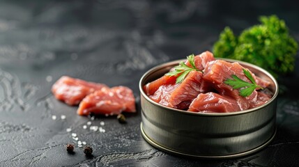 Canned homemade Charolais beef meat on black surface for advertising