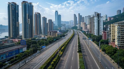City buildings skyline and asphalt road