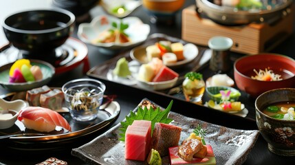A beautifully arranged Japanese multi-course meal featuring fresh sushi, sashimi, and assorted traditional dishes served elegantly.