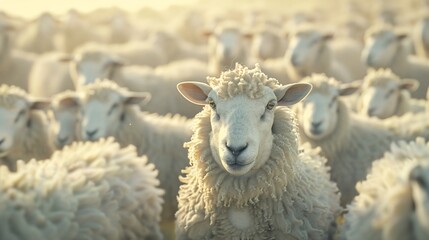 Fototapeta premium Herd of fluffy sheep roaming freely on a grassy green meadow.