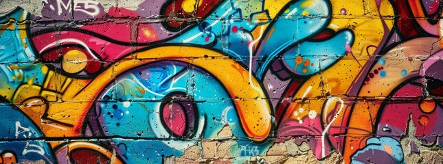 Dynamic graffiti with urban themes on a cinder block wall background, using bright colors. 