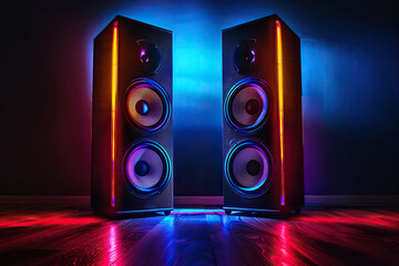 A music speaker with colored lighting stands on the floor in the dark. Generated by artificial intelligence