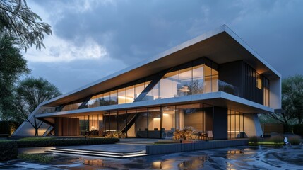 Photorealistic 3D Rendering of Contemporary Triangle Shape Design Modern Architecture Building Exterior
