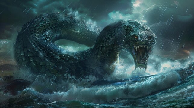 Stunning and Detailed Illustration of Jormungandr, the Mythical World Serpent from Norse Mythology
