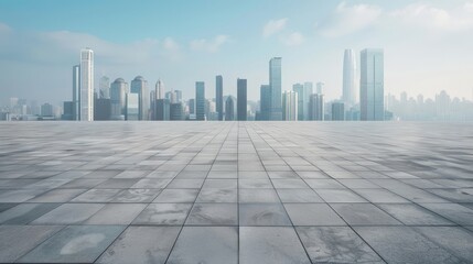 Fototapeta premium Empty Square Floor and City Skyline with Building Background 