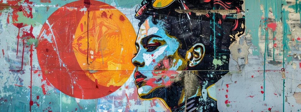 Street art with pop culture references on a faded wall background, blending modern and retro styles. 