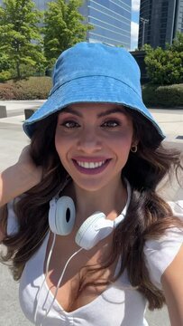 Young woman walking in the street pov.Vertical video