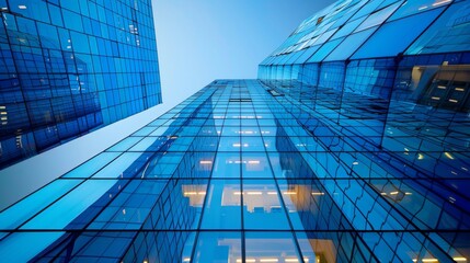 Looking Up at Blue Modern Office Building
