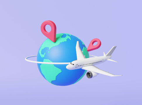 Earth globe with airplane concept about Tourism and Travel. Airplane trip planning, Trips and flights, vacations abroad, flights abroad, Traveling around the world, journey. 3d render illustration