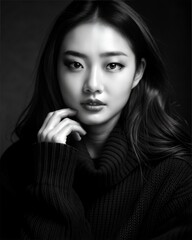 Fototapeta premium young asian woman , wearing long neck sweater, Korean makeup look, professional profile photo shoot, black and white themes 