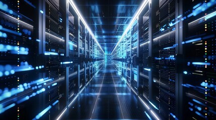 Obraz premium Shot of Corridor in Working Data Center Full of Rack Servers and Supercomputers with Internet connection Visualization Projection, technology, digital, futuristic, future,