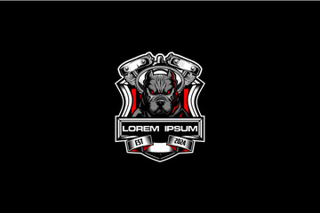 Pitbull head with v-twin engine cartoon character vector logo