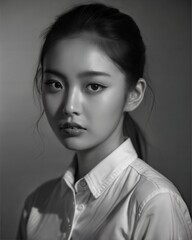 young asian woman , wearing long neck sweater, Korean makeup look, professional profile photo shoot, black and white themes 