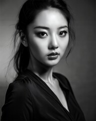 Fototapeta premium young asian woman , wearing long neck sweater, Korean makeup look, professional profile photo shoot, black and white themes 