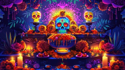 Fototapeta premium Digital Dia de Muertos Altar in Neon Colors - Day of the Dead Illustration with Pan de Muerto, Sugar Skulls & Marigolds