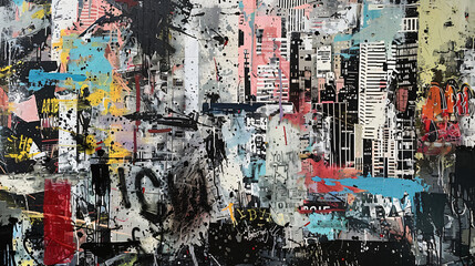 Fototapeta premium Chaotic Punk-Style Cityscape Collage Drawing Background