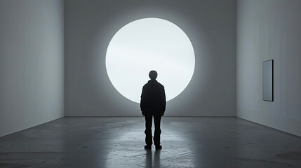 Obraz premium Silhouette of a Person Watching Projection on Wall in Large Room