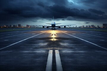 Commercial airplane ready for takeoff on city airport runway, with dramatic evening skyline