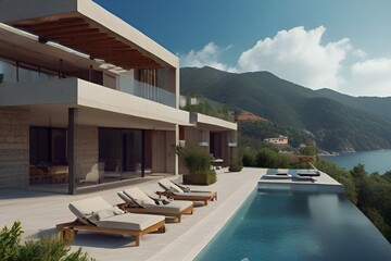 Fototapeta premium Under construction villa in mountains, near coastline, with luxury facilities and design