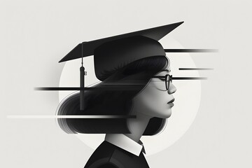 Young woman in graduation attire side profile against abstract academic achievement background
