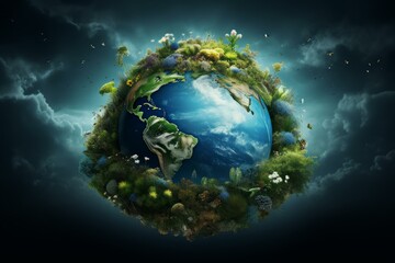 Fototapeta premium Conceptual design of a green, sustainable earth thriving with diverse ecosystems