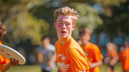 Ultimate frisbee tournaments, action shots with vibrant team colors, ultimate frisbee, dynamic and competitive