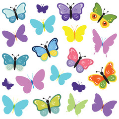 Set of colorful butterflies. Collection of butterflies. Vector illustration.Multicolored butterflies clipart set.Baby shower design elements.Party invitation, birthday celebration. Spring,summer decor