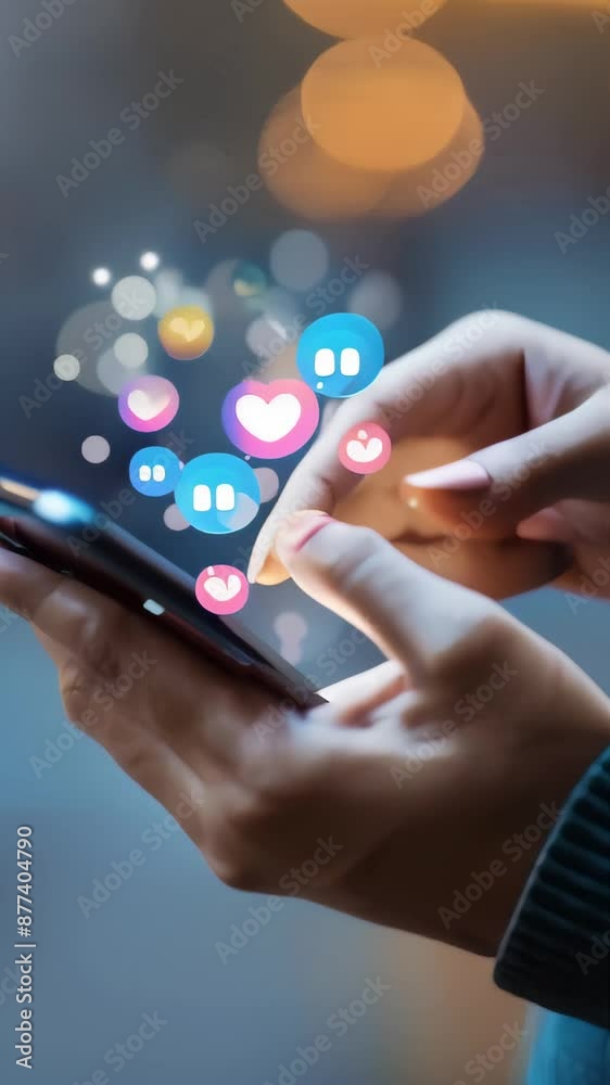 Poster Hands using a smartphone with floating social media icons. Concept of online interaction and digital communication. Ideal for social networking and technology themes
