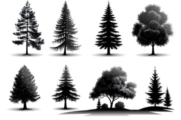 Obraz premium Silhouettes of various tree species on a white background, showcasing diverse shapes and foliage.