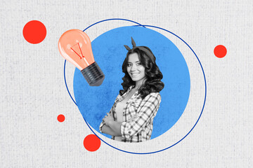 Trend artwork sketch composite 3d photo collage of idea lamp solve puzzle smart clever monochrome...