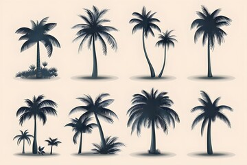Fototapeta premium Palm tree silhouettes in various shapes and sizes on light beige background.