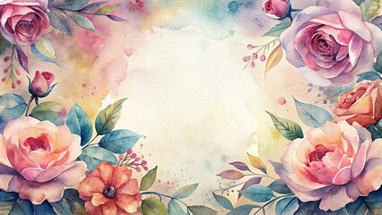 Watercolor floral invitation card frames an empty center space. Spring flowers concept for wallpaper, tiles and greeting cards. 