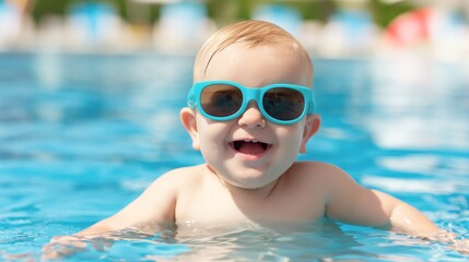 Naklejka premium A baby wearing blue sunglasses is in the water. The baby is smiling and he is enjoying the water