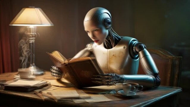 A humanoid robot is sitting at a desk, reading a book. The robot is wearing a white shirt and black pants. The desk is made of wood and has a lamp on it