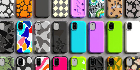 Lots of smartphone cases in different colors and patterns. Assortment of silicone phone case. Background wallpaper for backing.