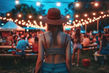Obraz premium A young woman with a wide-brimmed hat walks through a crowded outdoor event, enjoying the festive atmosphere illuminated by string lights