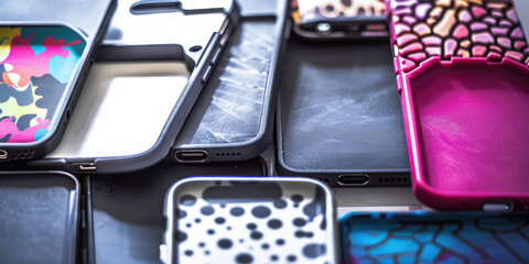 Lots of smartphone cases in different colors and patterns. Assortment of silicone phone case. Background wallpaper for backing.