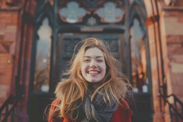 Fototapeta premium A young woman with long blonde hair smiles brightly, her face illuminated by the warm light of the city. Her red jacket and scarf add a pop of color to the scene