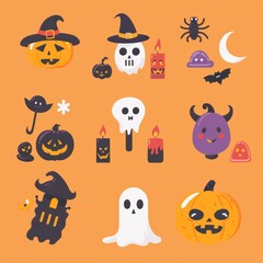 Grunge Vector illustration with pumpkin, ghost, skull and vampire monster. Halftone 90s vintage elements for mixed media design. illustration, design, drawing, postcard