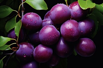 Ripe purple plums with water droplets on a dark background, highlighting their lush juiciness