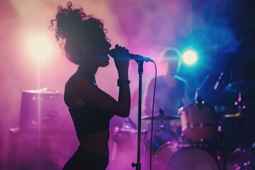 A female vocalist performs on stage, bathed in purple and blue light, her silhouette illuminated against a backdrop of hazy stage lights