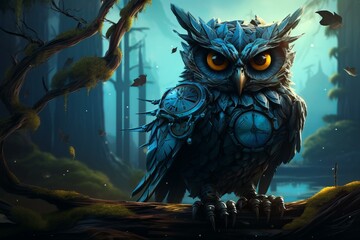 Digital art of a mechanical owl with intricate gear details in an enchanting forest setting