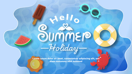 Happy Summer Day Greeting card, A blue background with a bunch of fruit and a sign that says 