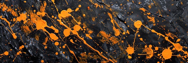 Abstract splatter of black and orange paint on a canvas