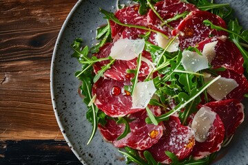 Delicious carpaccio dish with parmesan cheese and arugula being served on an elegant plate