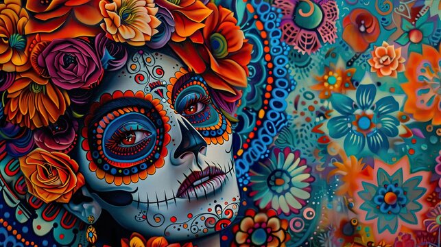 Vibrant Day of the Dead Catrinas with Intricate Face Paint on Colorful Psychedelic Wallpaper - High Detail Holiday Celebration