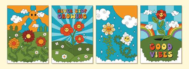 Groovy Flowers Poster Collection. Trendy botanical floral card, postcard set in trendy retro trippy psychedelic hippie 70s 80s style. Vector illustration with sky and sun.