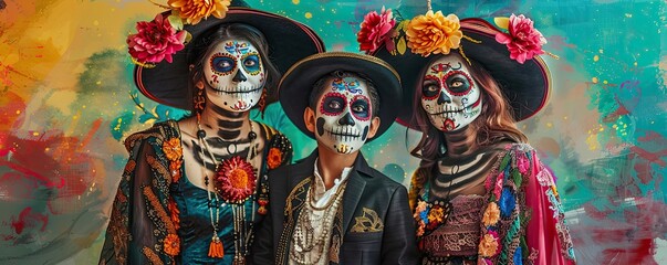 Vibrant Day of the Dead Family Portrait in Watercolor Style - Celebrating Dia de Muertos in Traditional Attire with Colorful Face Paint