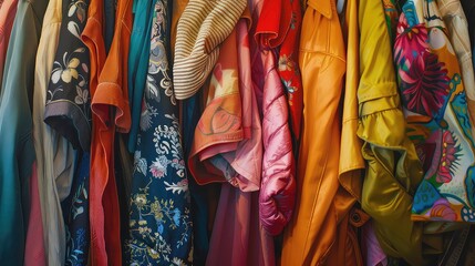 Close up of colorful clothes in second hand clothing shop, charity shop, thrift store, street market. Generative AI